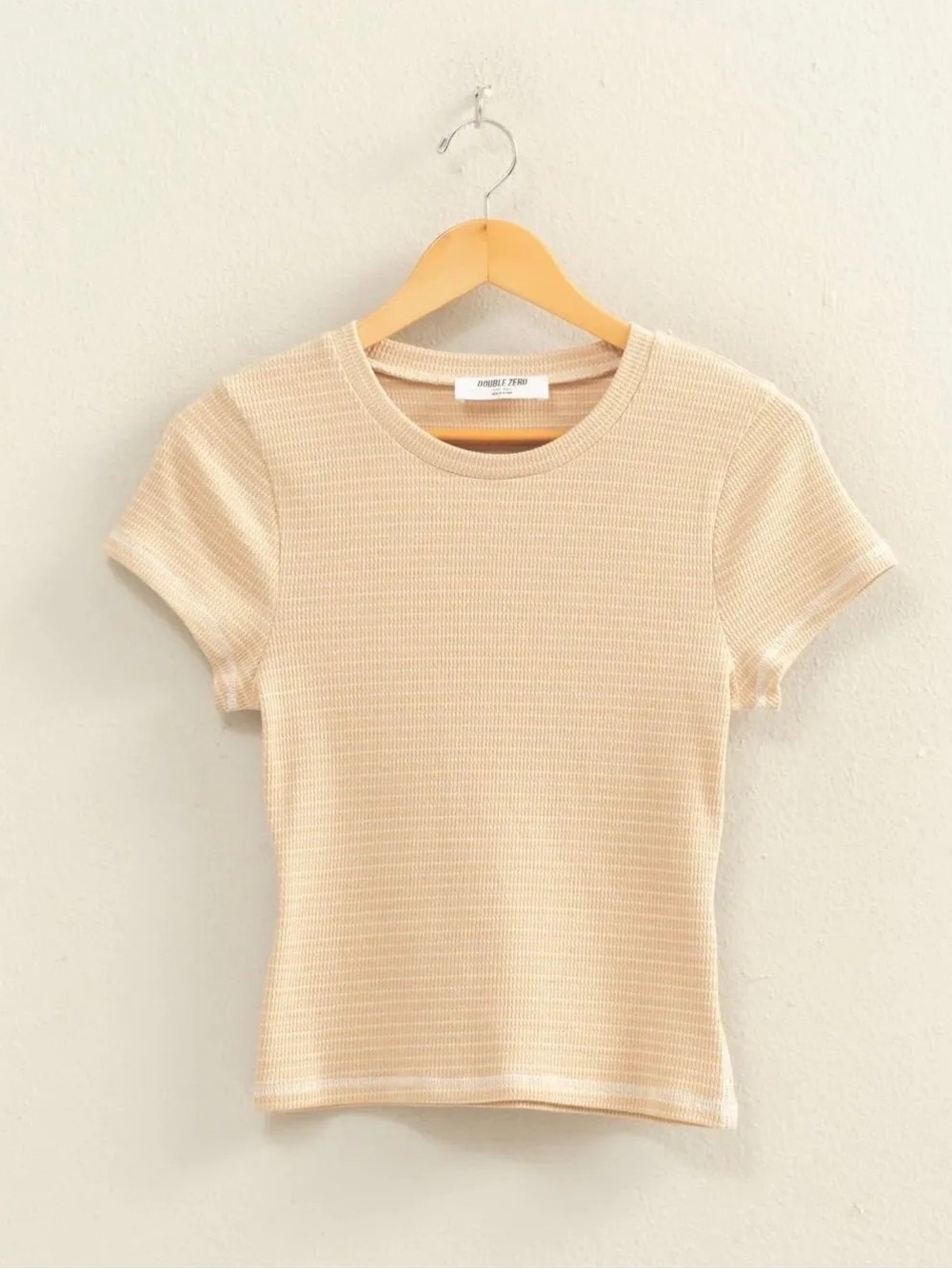 NEW Double Zero Taupe Stripe Ribbed Crewneck Fitted Tee – Small